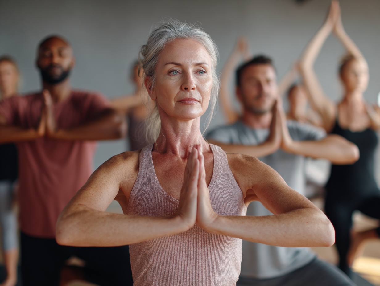Grupo diverso practicando yoga en un estudio luminoso